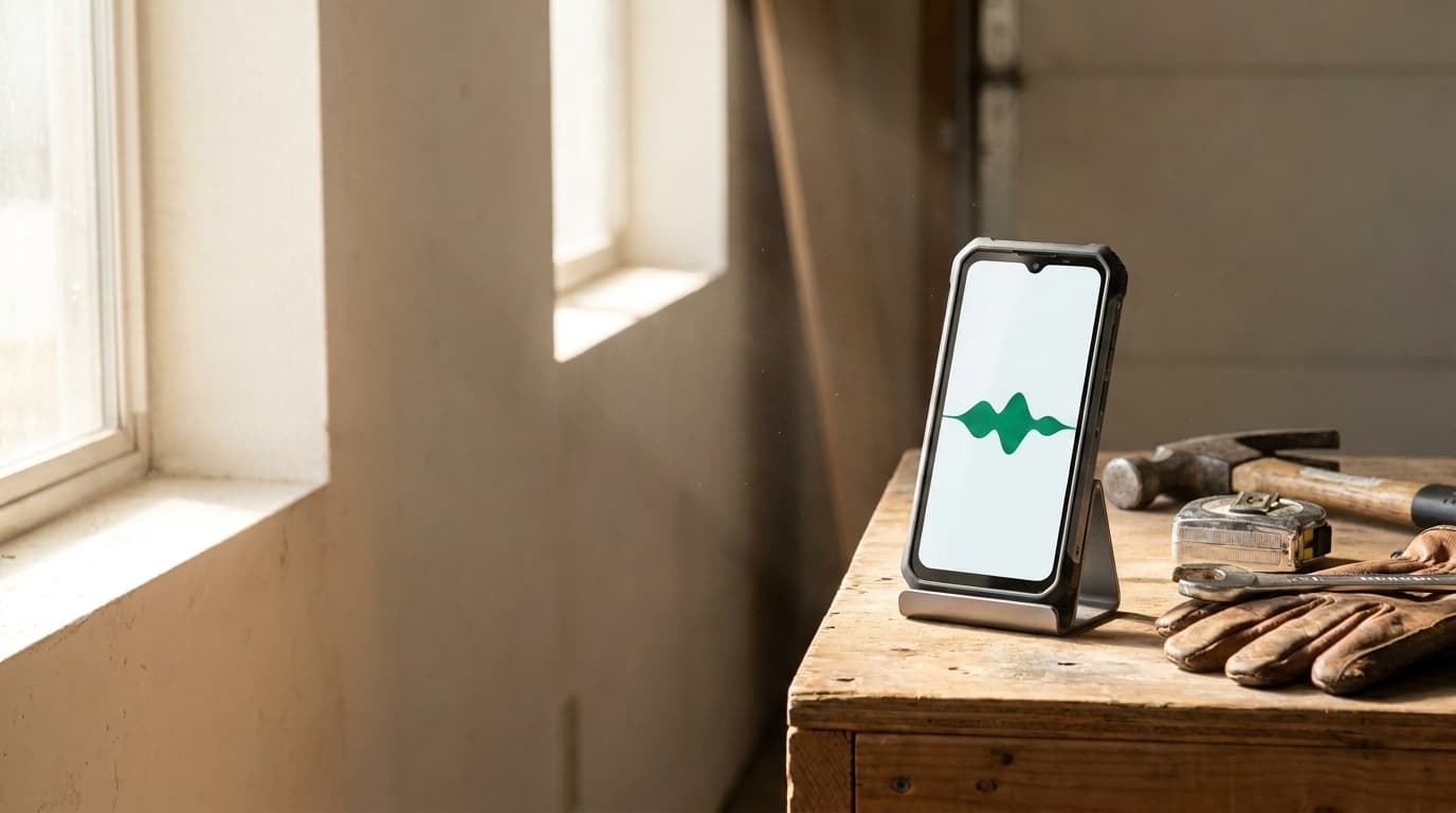 Phone on a workbench with a green sound-wave display